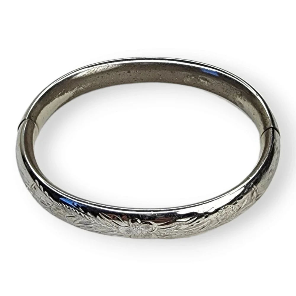 Vintage Sterling Silver 925 Hollow Hinged Signed HFB Bangle Bracelet